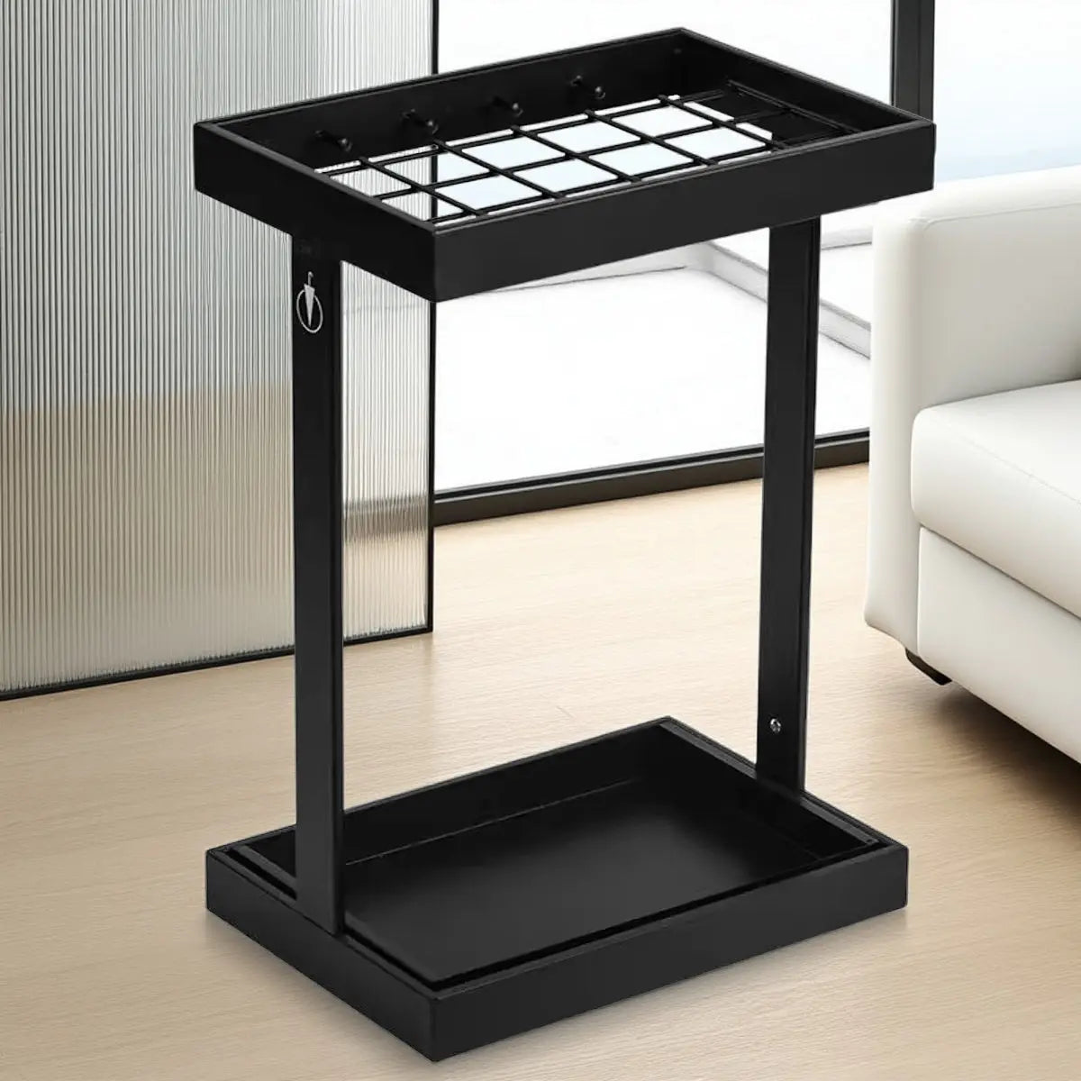 Compact umbrella stand in a commercial building entrance