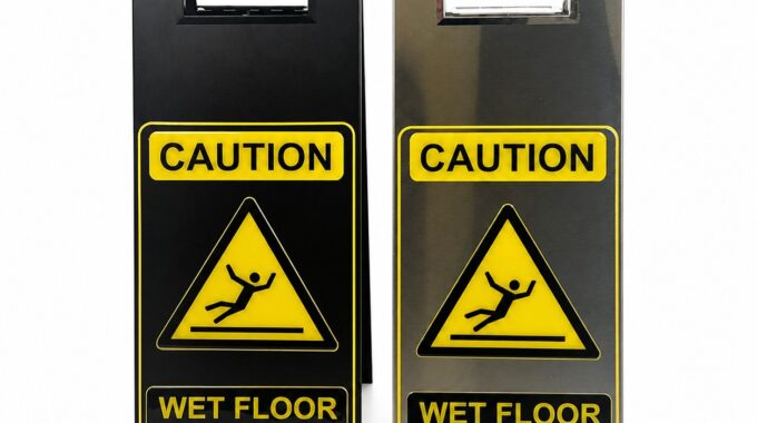 Stainless steel wet floor sign shown in both finishes side by side, matte black and brushed silver, folding A-frame caution signs with yellow CAUTION WET FLOOR SLIPPERY WHEN WET panels