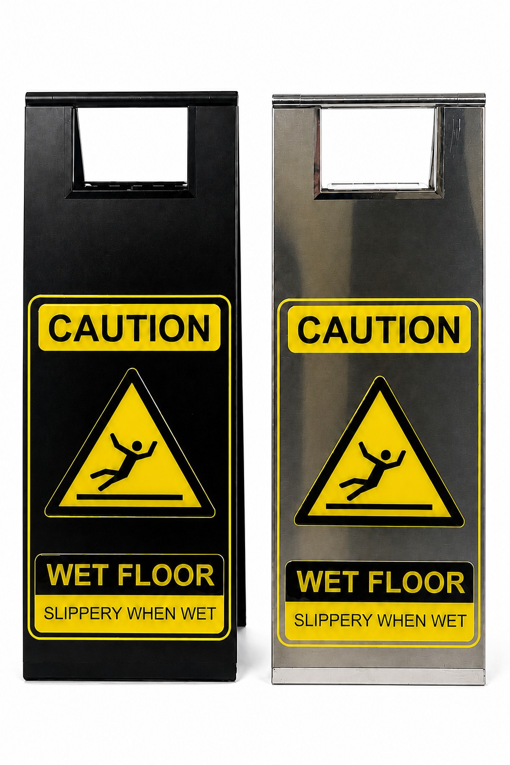 Stainless steel wet floor sign in both finishes side by side, matte black and brushed silver, folding A-frame caution signs with yellow CAUTION WET FLOOR SLIPPERY WHEN WET panels