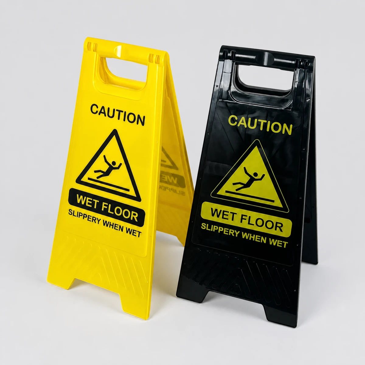 Yellow and black ABS caution signs with slipping figure pictogram, sold by the carton of 10