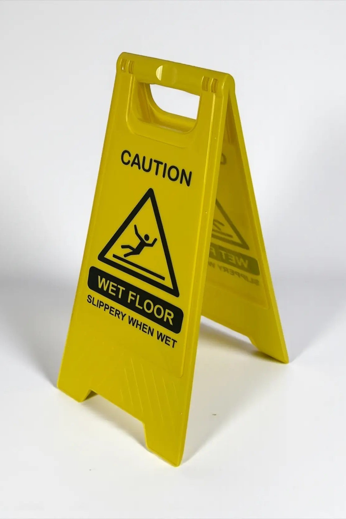 Plastic wet floor sign in safety yellow, ABS folding A-frame caution sign sold in cartons of 10